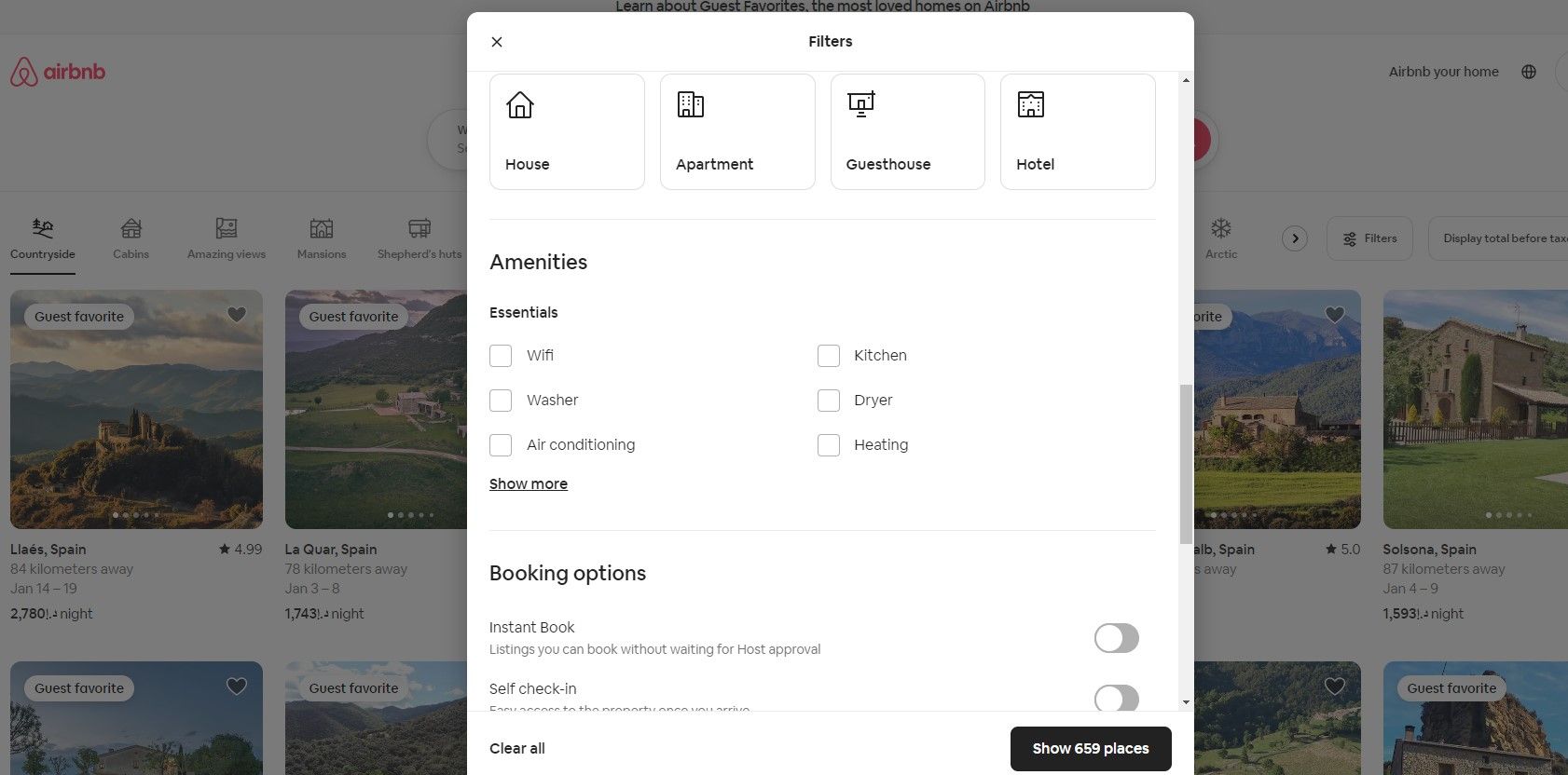 Screenshot of airbnb filters.